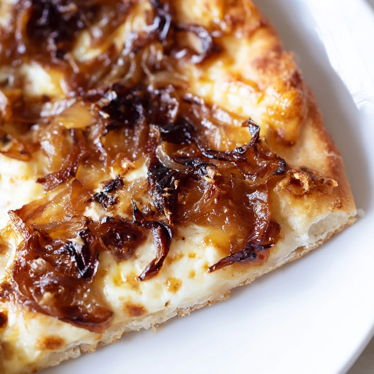 A close-up of Caramelized Onion Pizza With Melty Cheese shows bubbling cheese and sweet onions on a crispy crust.