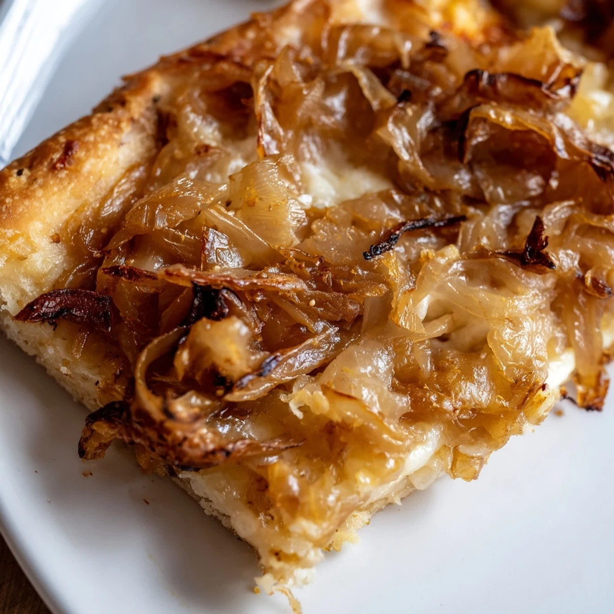 Sliced Caramelized Onion Pizza With Melty Cheese is served on a plate with a glass of white wine.