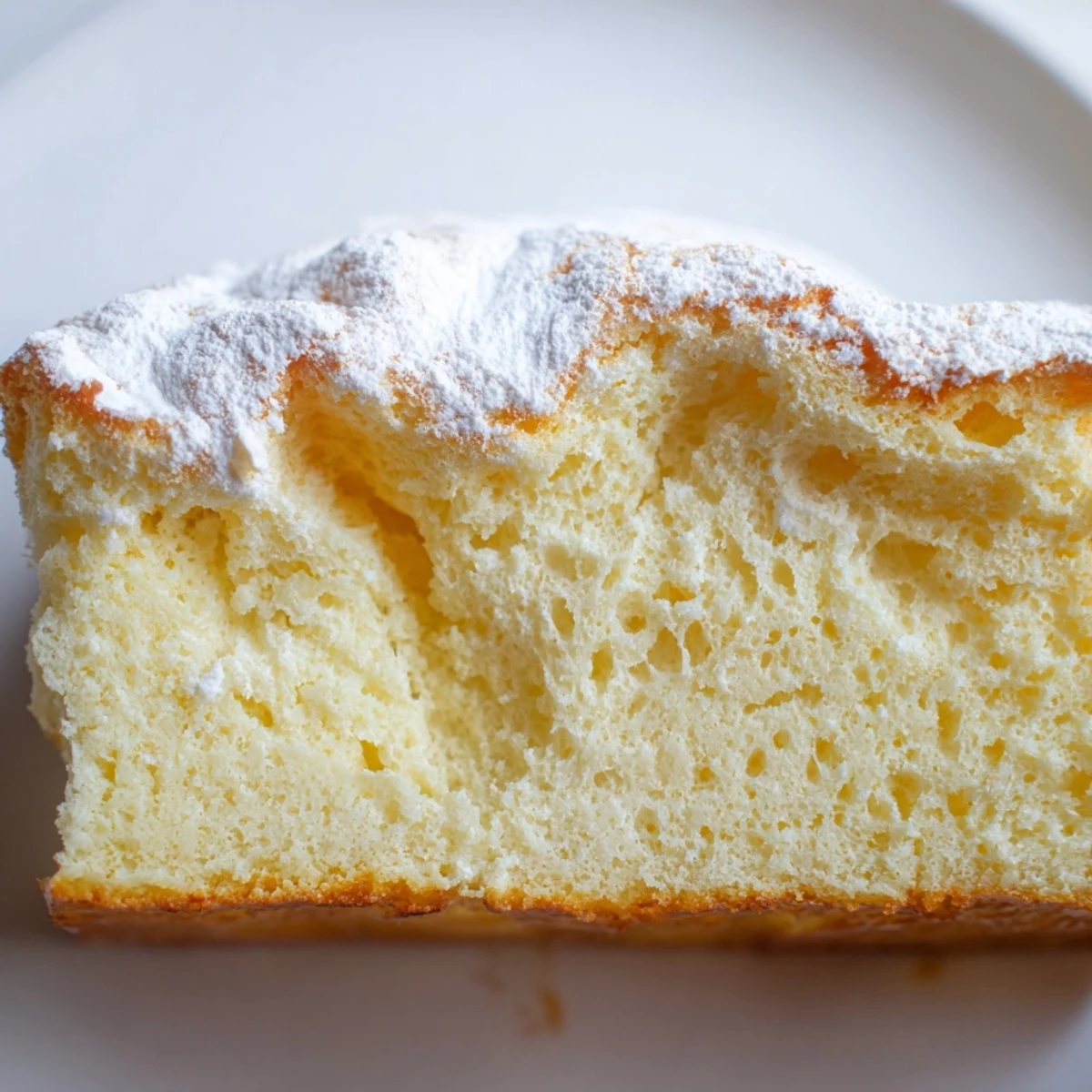 A slice of Fluffy Yogurt Cloud Cake, lightly dusted with powdered sugar, ready to serve on a dessert plate.