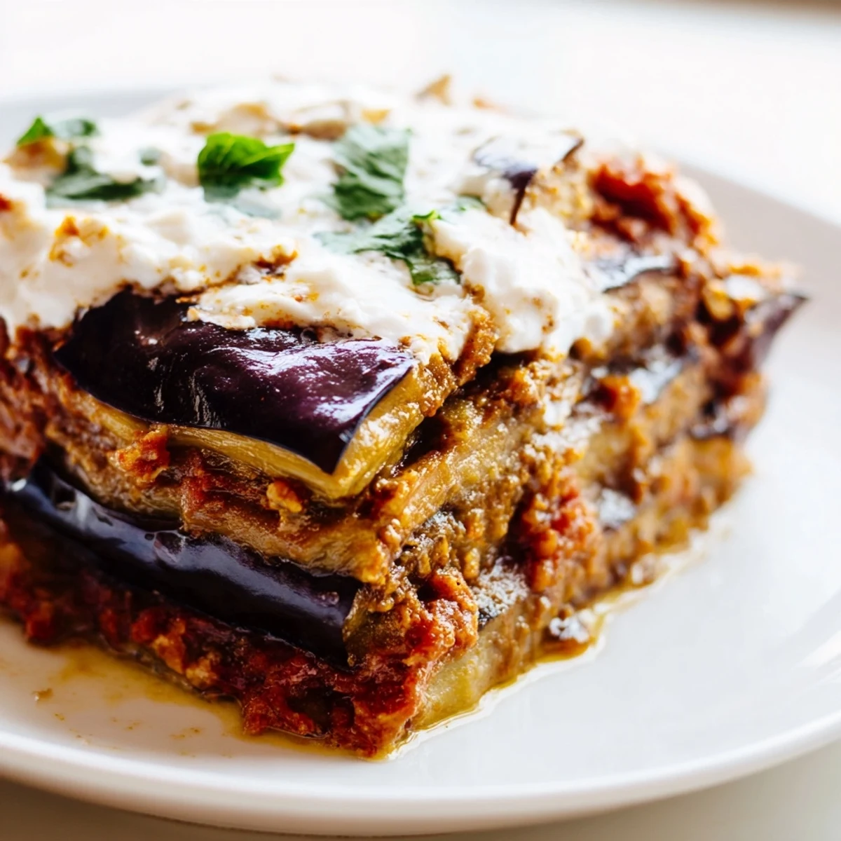 Golden fried eggplant slices layered with spiced tomato sauce and creamy yogurt on a white plate.