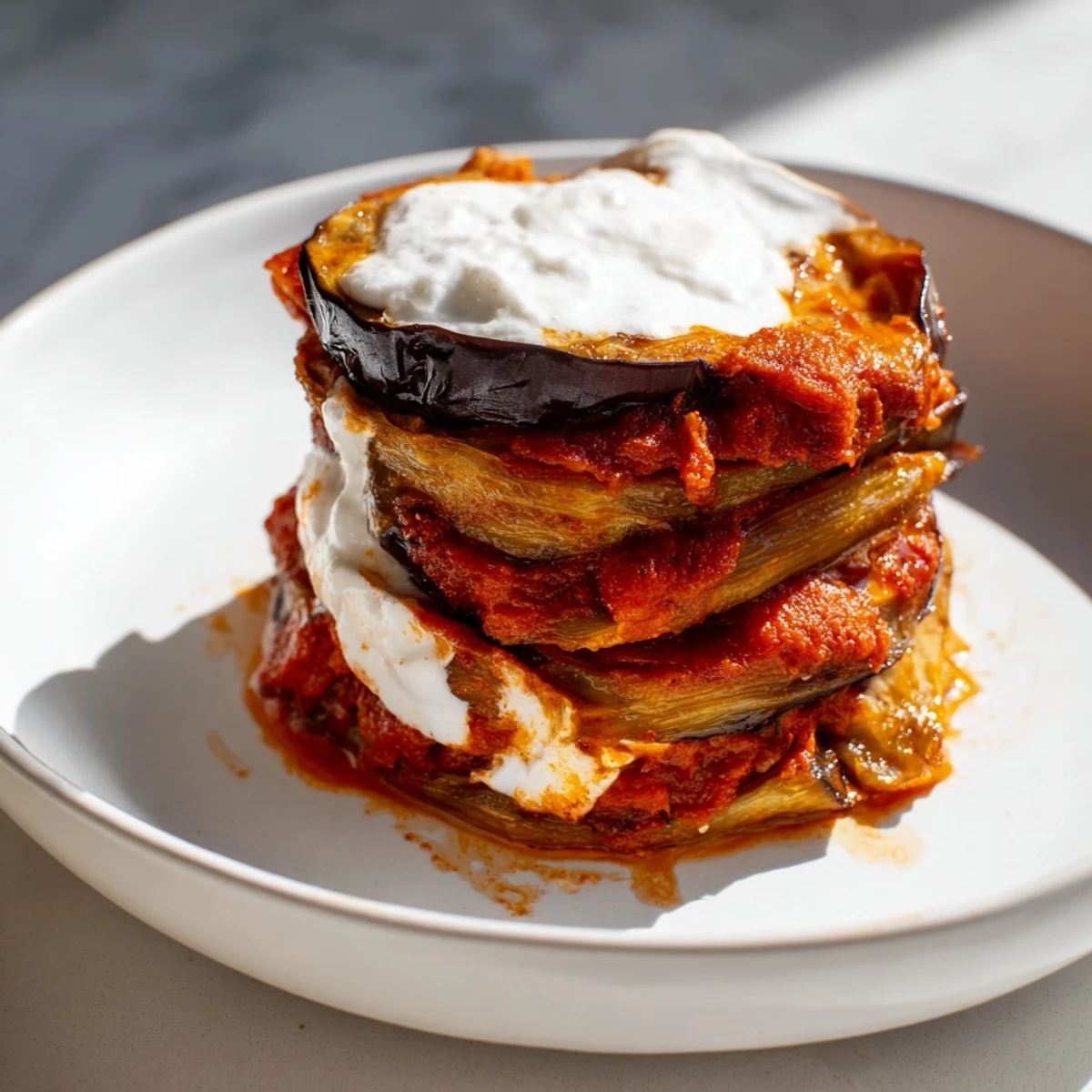 Hearty Borani Banjan casserole with vibrant red sauce and yogurt topping, garnished with dried mint.