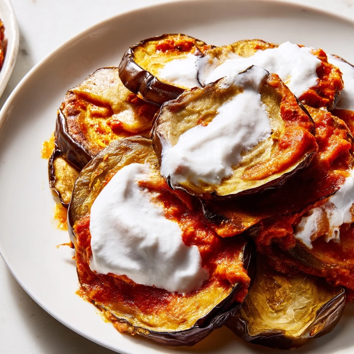 Creamy Borani Banjan served hot with fresh herbs, representing a vegetarian Afghan main dish.