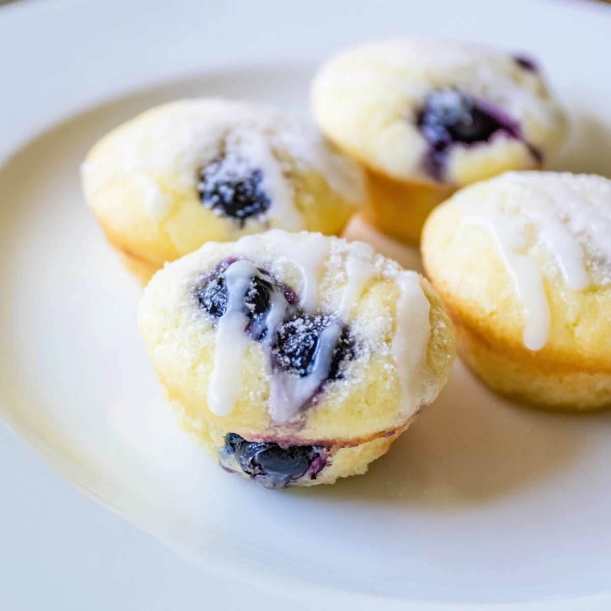 Lavender Blueberry Tea Cakes sit on a marble slab with a lemon glaze drizzle, surrounded by fresh blueberries and dried lavender sprigs.  