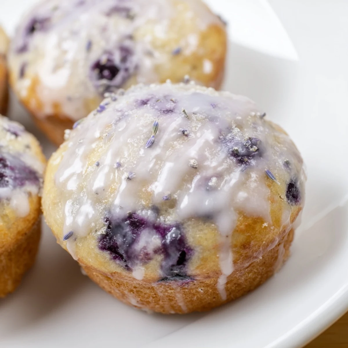 A close-up of golden-brown Lavender Blueberry Tea Cakes with a soft crumb, bursting with blueberries and aromatic lavender.  