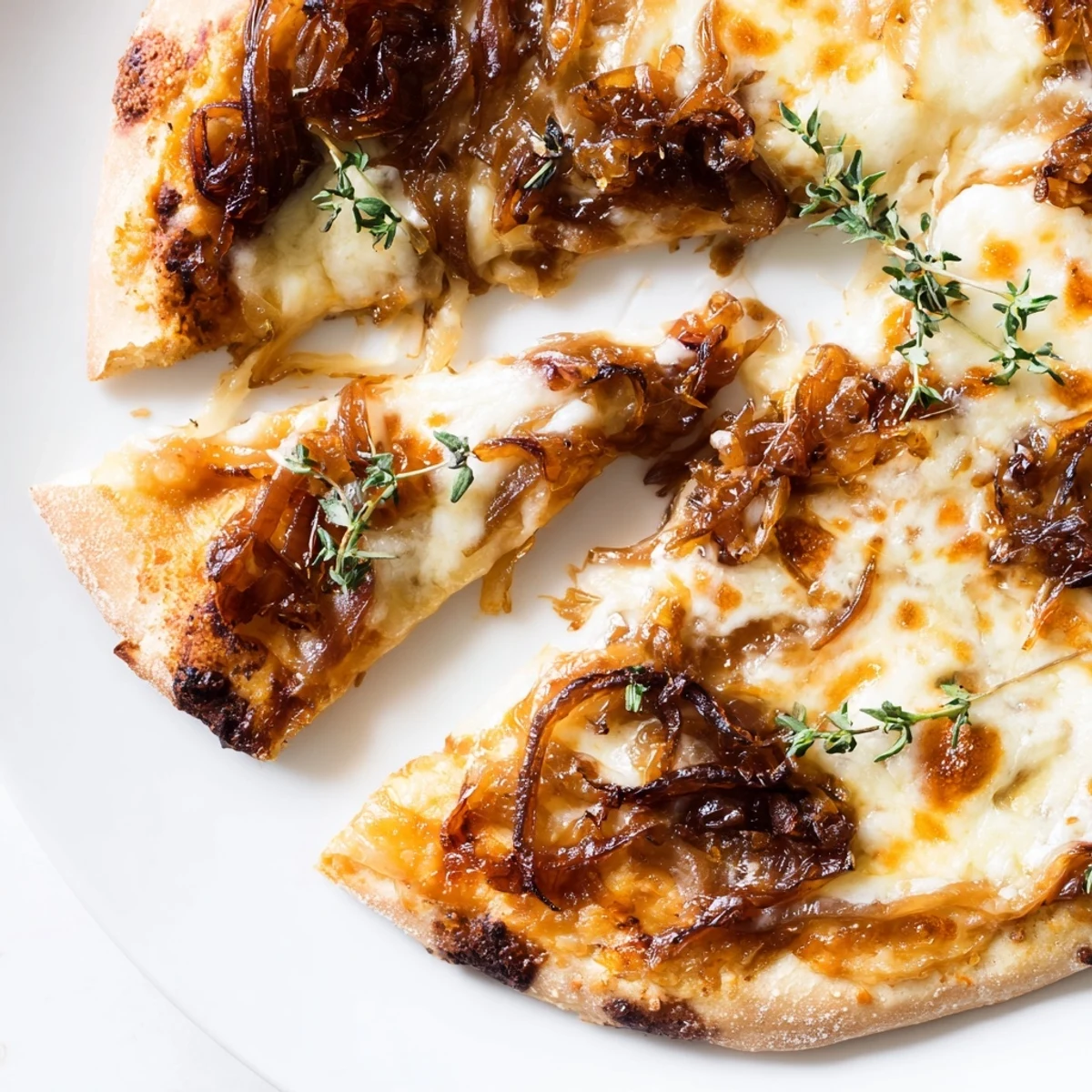 A golden-baked Caramelized Onion Pizza With Melty Cheese rests on a rustic wooden board, showcasing bubbly mozzarella and fontina.
