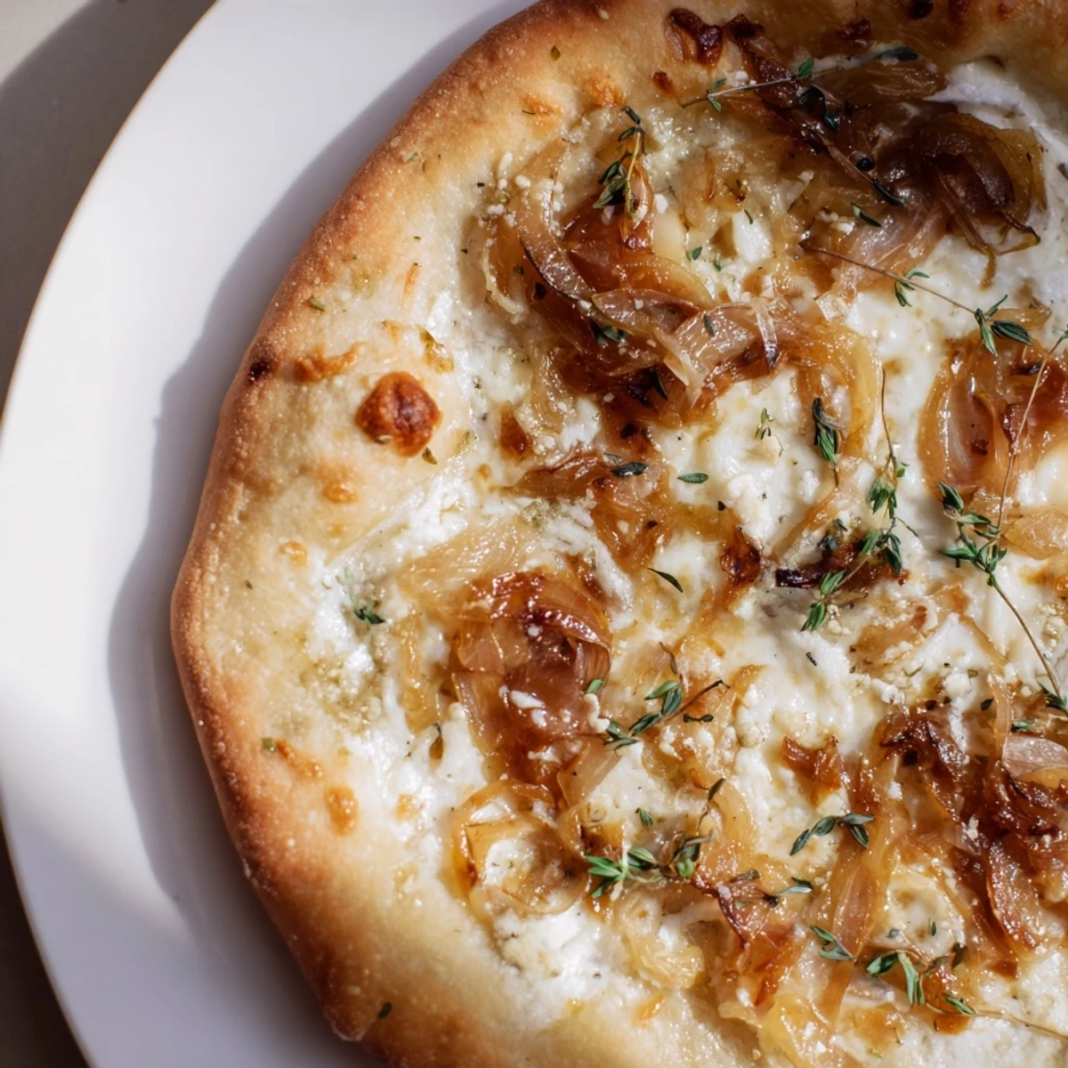 Close-up of Caramelized Onion Pizza With Melty Cheese showing sweet browned onions and fresh thyme on a crispy crust.