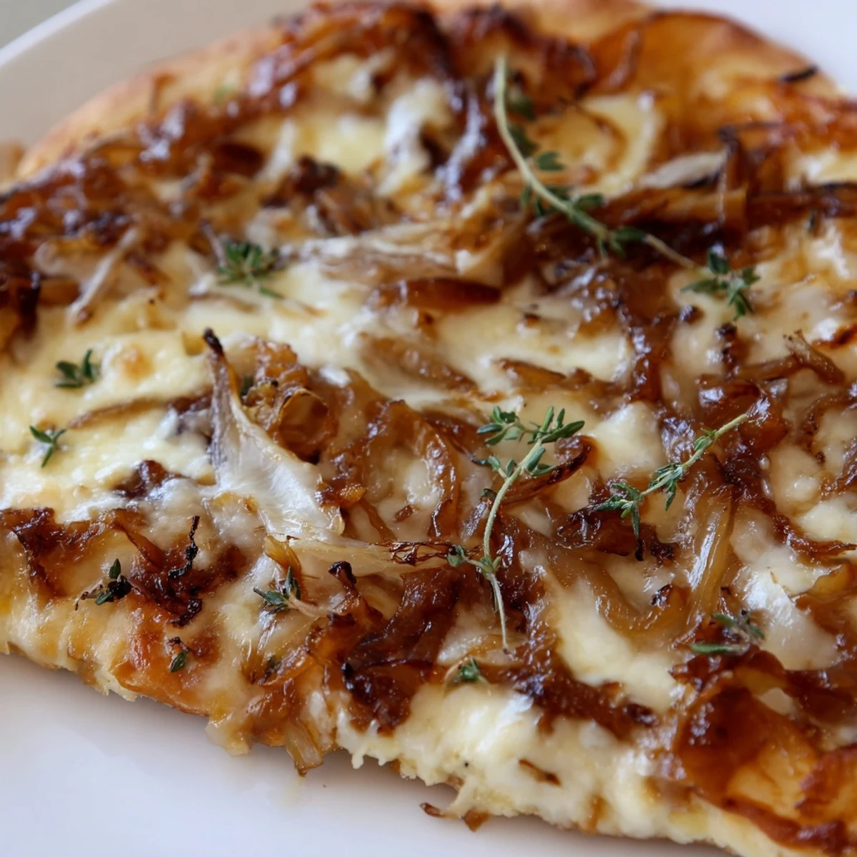 Slice of Caramelized Onion Pizza With Melty Cheese on a white plate with a salad, ready for a cozy dinner.