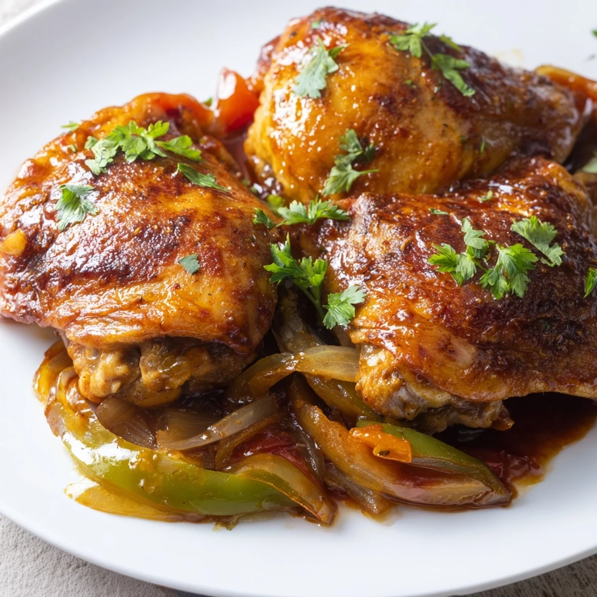 Golden-brown Braised Catalina Chicken thighs simmer in a glossy tangy-sweet sauce with tender peppers and onions.