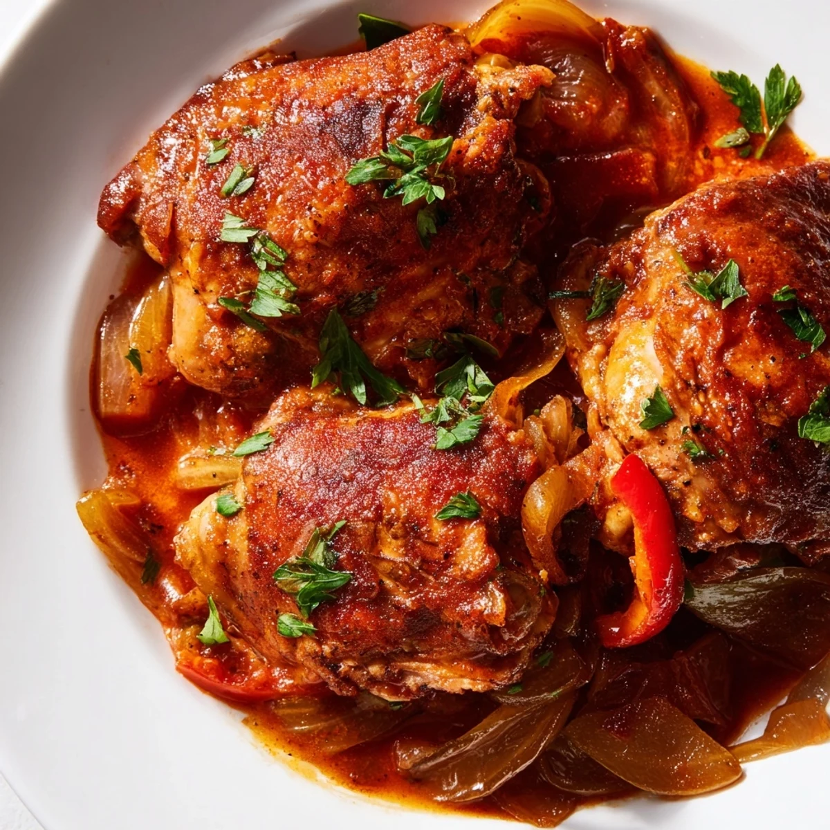 Hearty Braised Catalina Chicken served on a bed of fluffy rice with fresh parsley garnish.