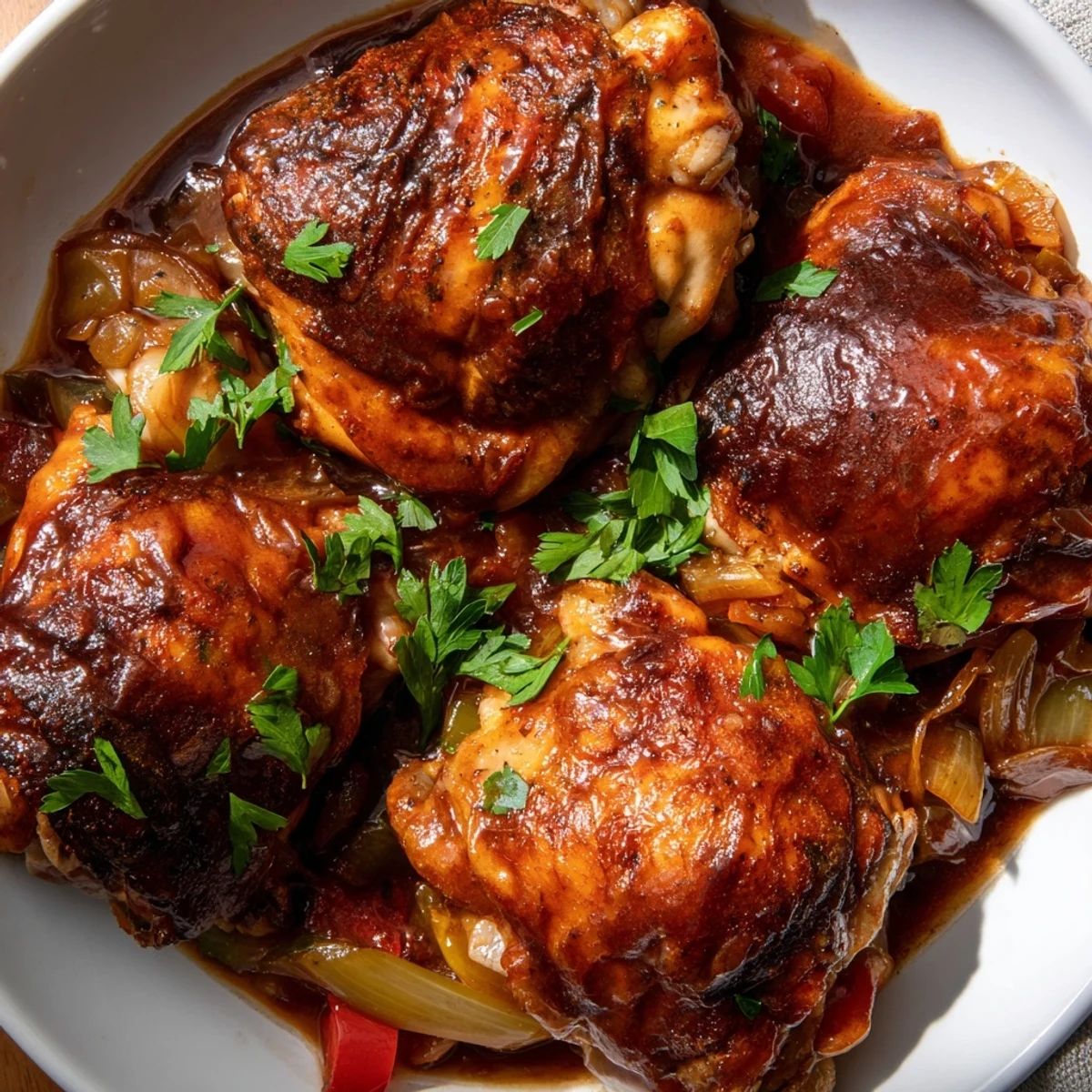 Sizzling Braised Catalina Chicken in a Dutch oven, showing juicy bone-in thighs in rich reddish sauce.