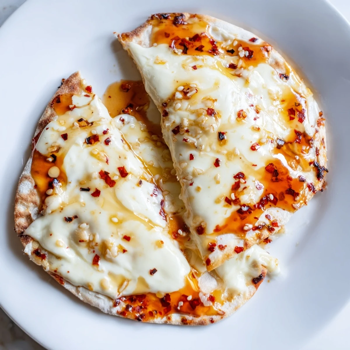 A slice of Sweet Heat Honey Garlic Flatbread Pizza being lifted, showing gooey cheese and a drizzle of spicy honey glaze.