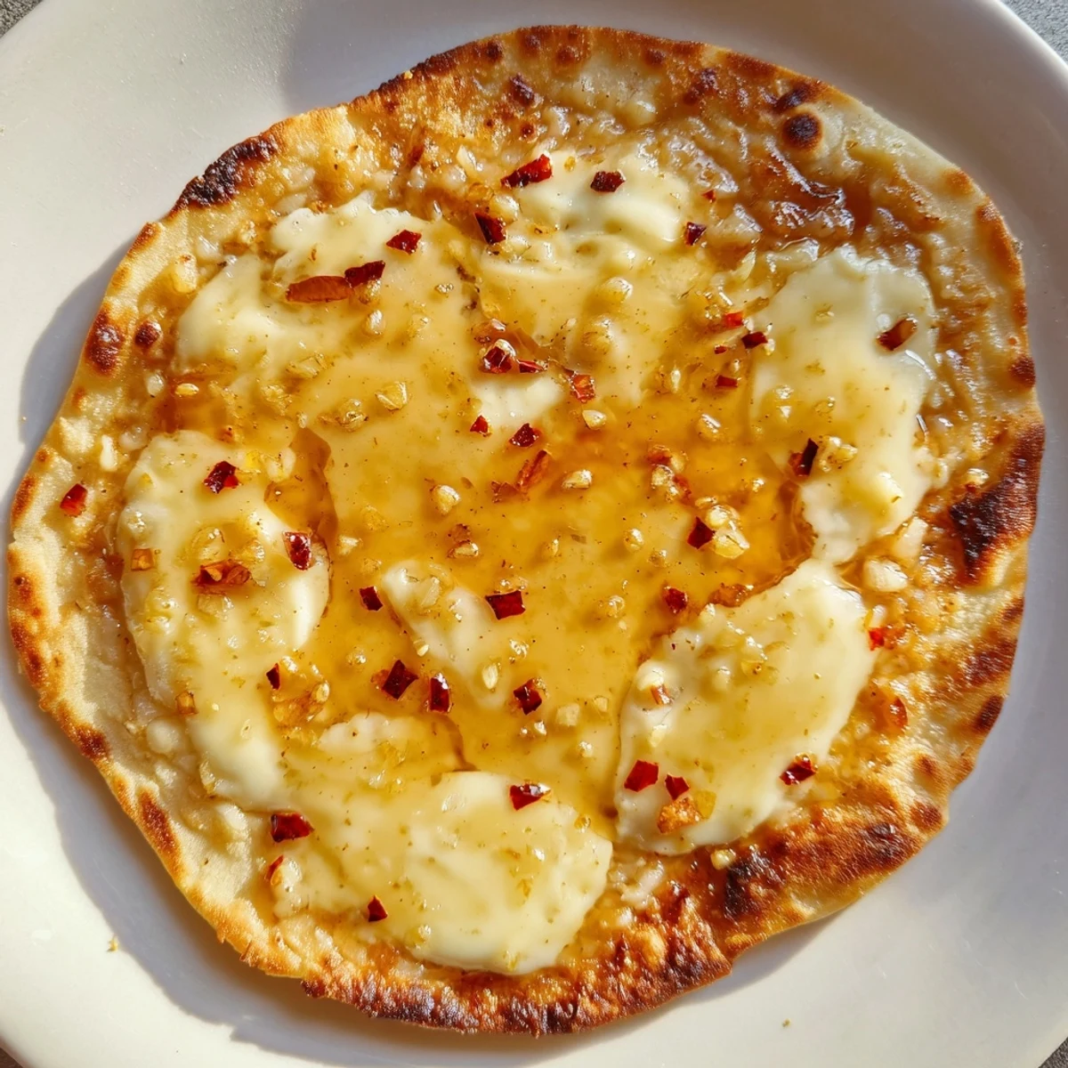 A close-up of Sweet Heat Honey Garlic Flatbread Pizza with melty mozzarella, red onion, and jalapeños on a crispy golden crust.