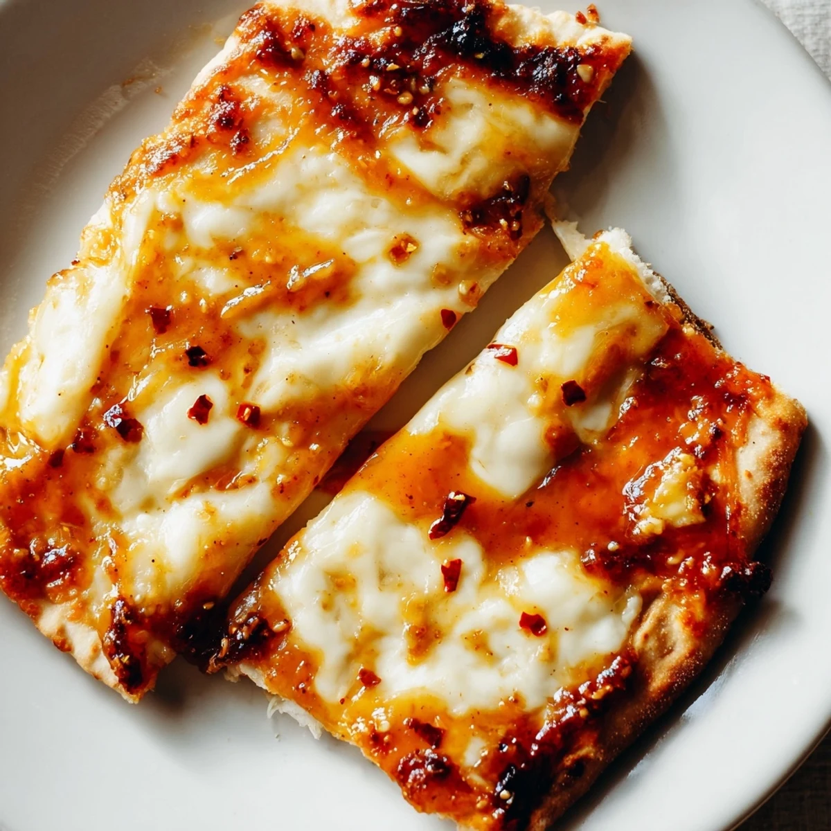 Sweet Heat Honey Garlic Flatbread Pizza topped with fresh cilantro and bell peppers, served hot on a rustic wooden board.