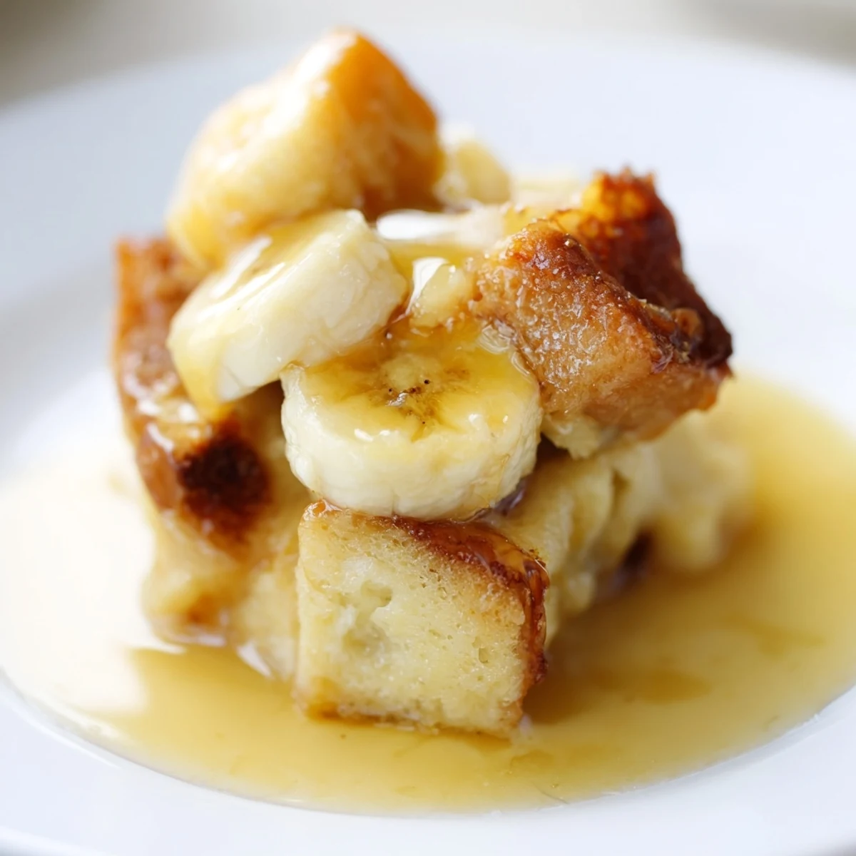 Creamy Bananas Foster Bread Pudding with caramelized bananas and a glossy rum sauce drizzled over warm custardy bread.
