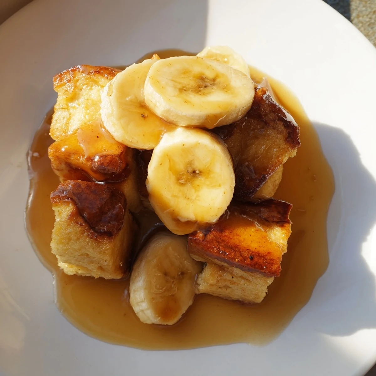 Golden wedges of Creamy Bananas Foster Bread Pudding on a plate, rich rum-butter sauce pooled beside caramelized banana slices.