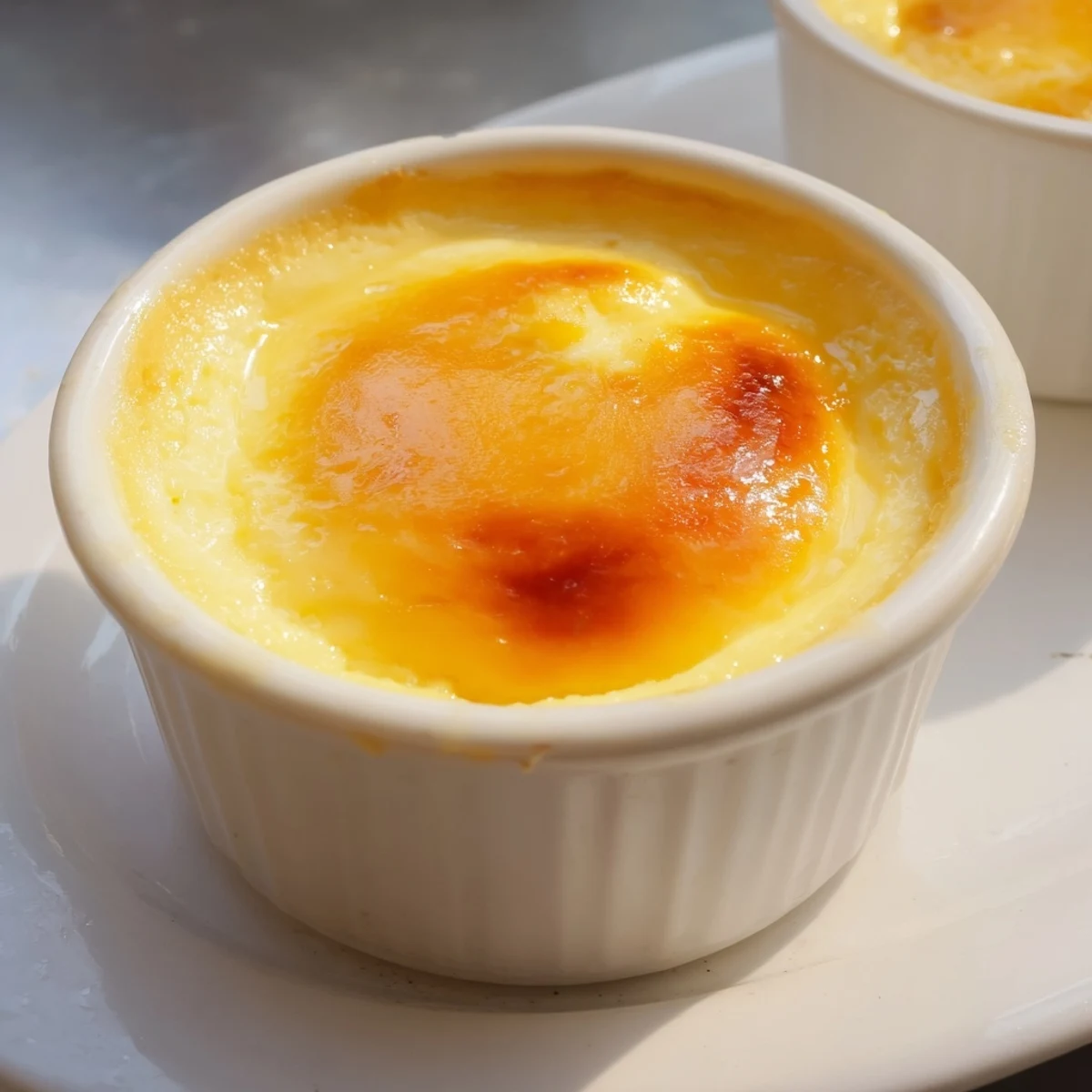 A spoon slices into silky Classic Baked Milk Pudding, revealing a creamy vanilla custard texture with fresh berries alongside.