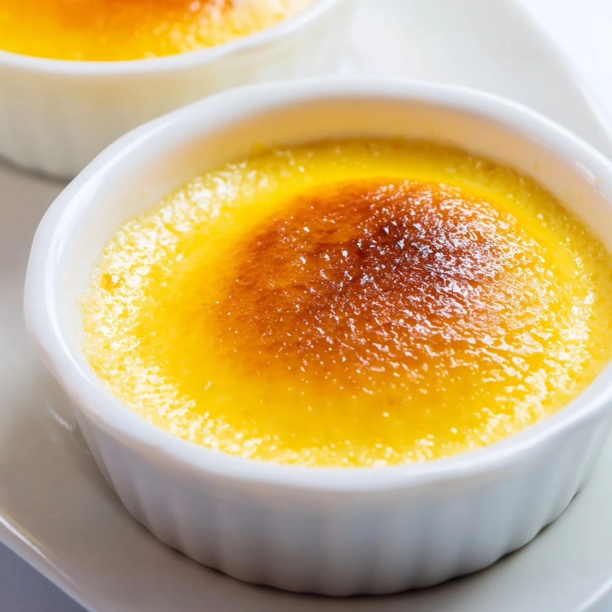 Freshly torched Classic Baked Milk Pudding features a crackly caramelized sugar crust and a smooth, wobbly custard interior.