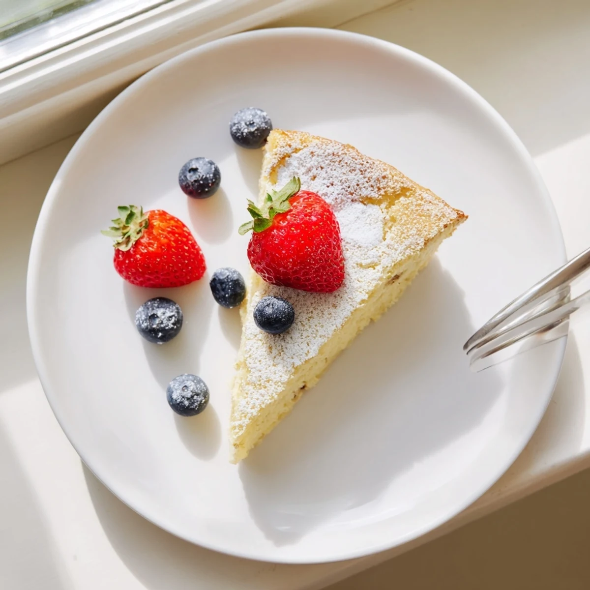 Fluffy Yogurt Cloud Cake dusted with powdered sugar and fresh berries on a rustic plate.  