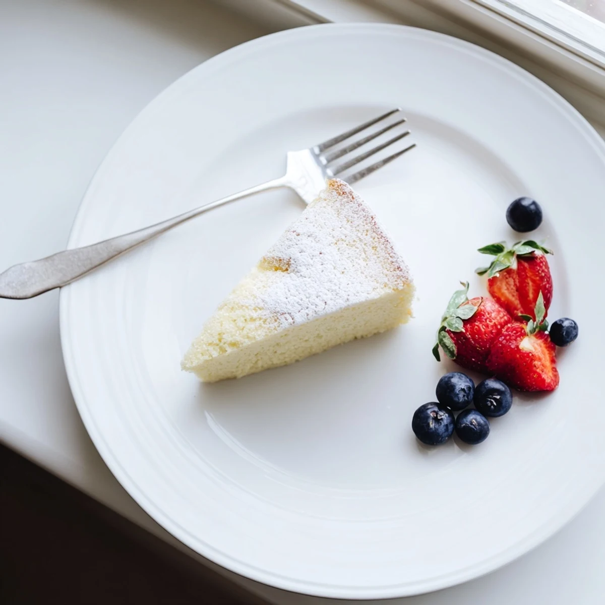 Overhead view of Fluffy Yogurt Cloud Cake with lemon zest garnish ready to serve.