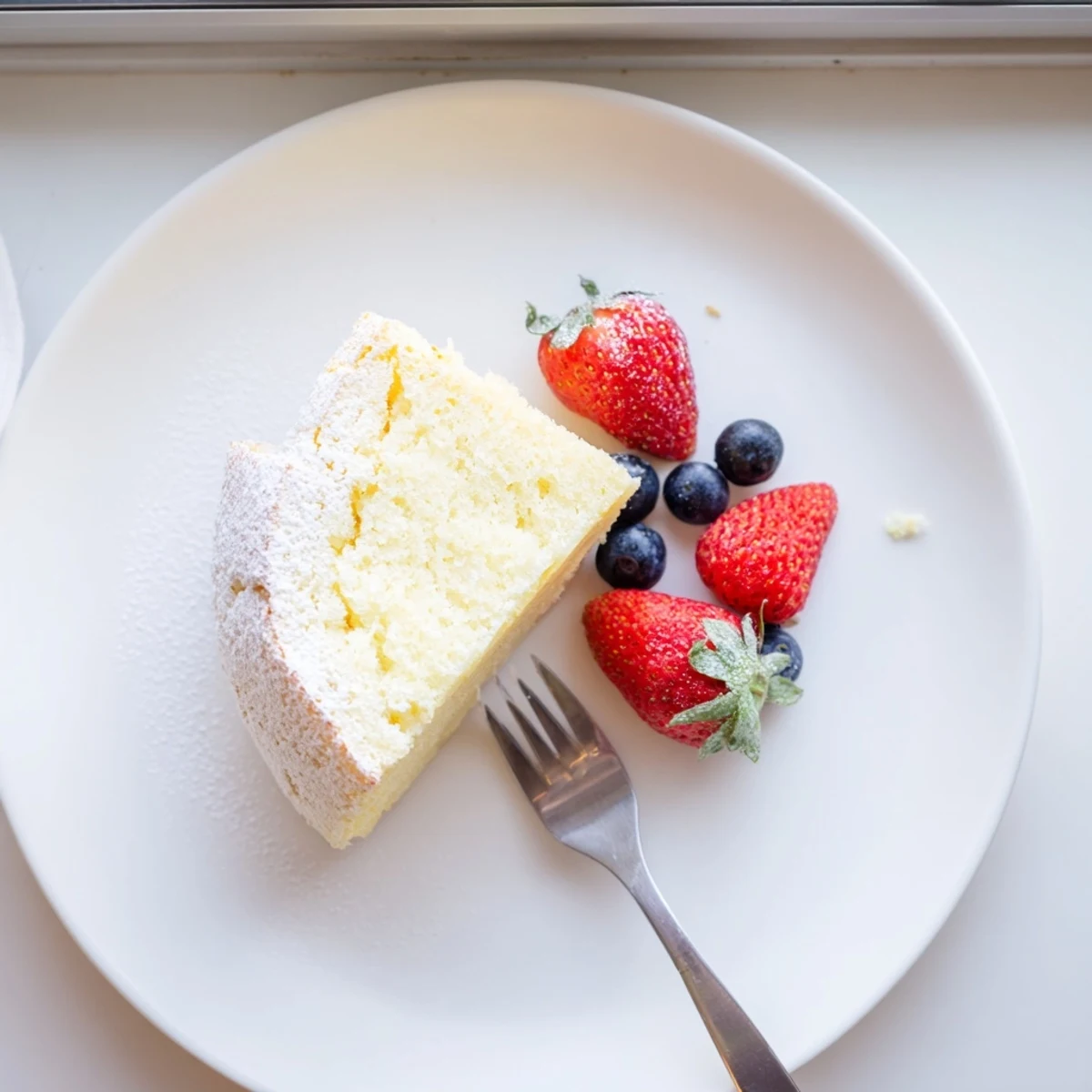 A slice of Fluffy Yogurt Cloud Cake showing its airy texture beside a steaming cup of tea.  