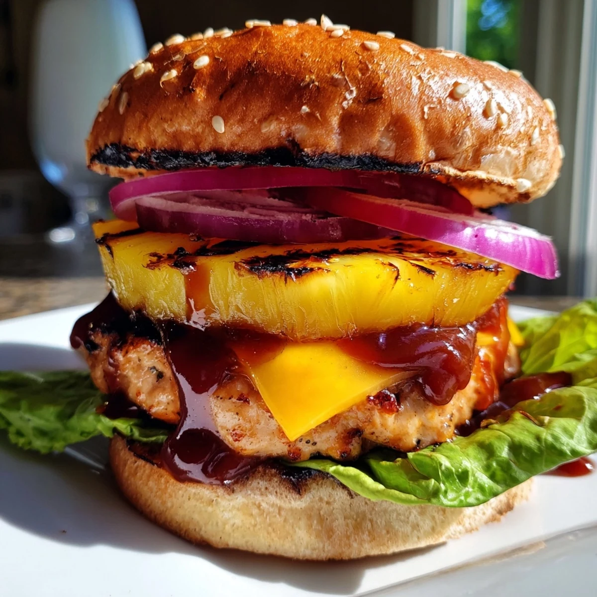 Juicy grilled Hawaiian Pineapple Chicken Burger served with barbecue sauce, crisp lettuce, tomato, and red onion on a golden bun.
