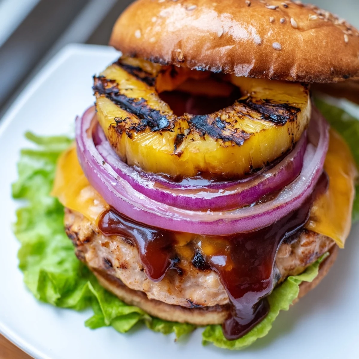The grilled Hawaiian Pineapple Chicken Burger features a charred chicken patty with melted cheese and sweet pineapple on a toasted bun.