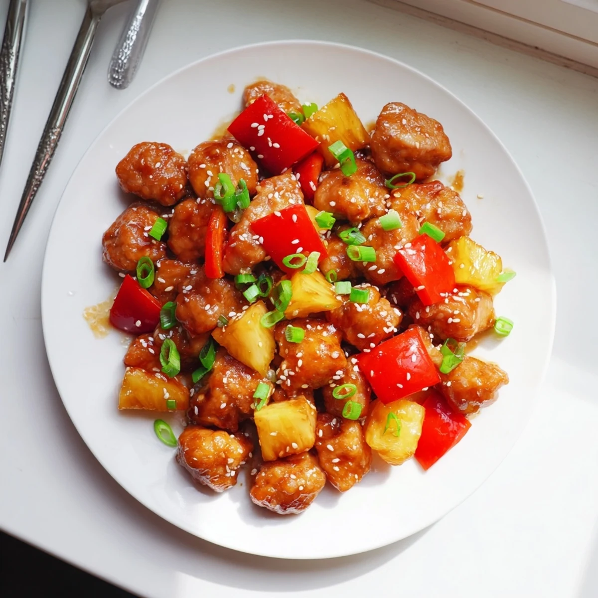 Sticky pineapple chicken pieces coated in glossy sauce with red bell pepper and fresh pineapple chunks in a skillet.