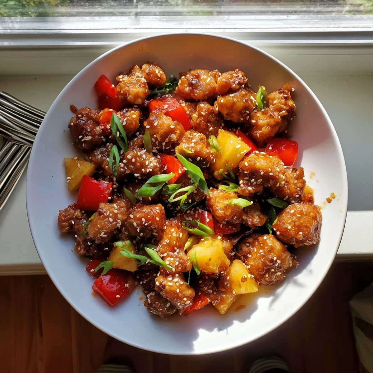 Homemade sticky pineapple chicken served family style topped with sesame seeds, ready to enjoy for a quick weeknight dinner.