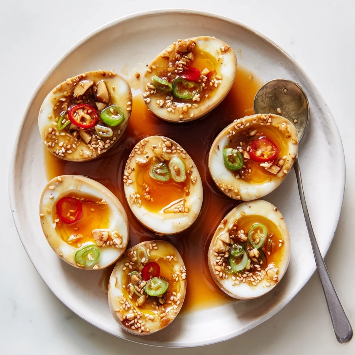 Six halved Korean Marinated Eggs glistening in sweet soy glaze with sesame seeds and sliced chilies on a ceramic plate.