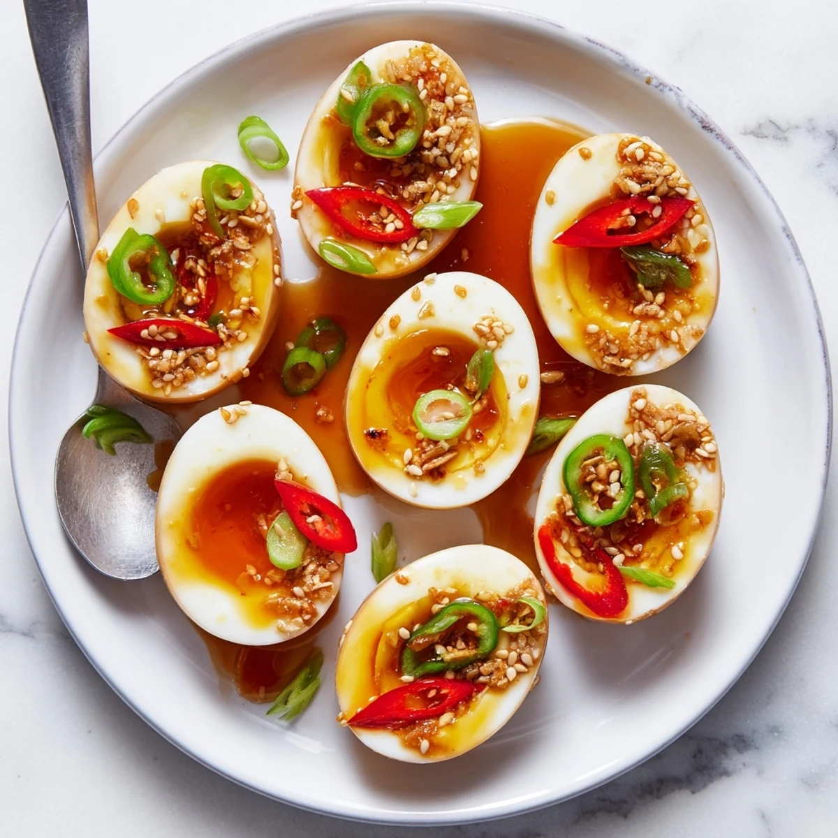 These Korean Marinated Eggs show jammy yolks peeking through a glossy, savory marinade with garlic and sesame.