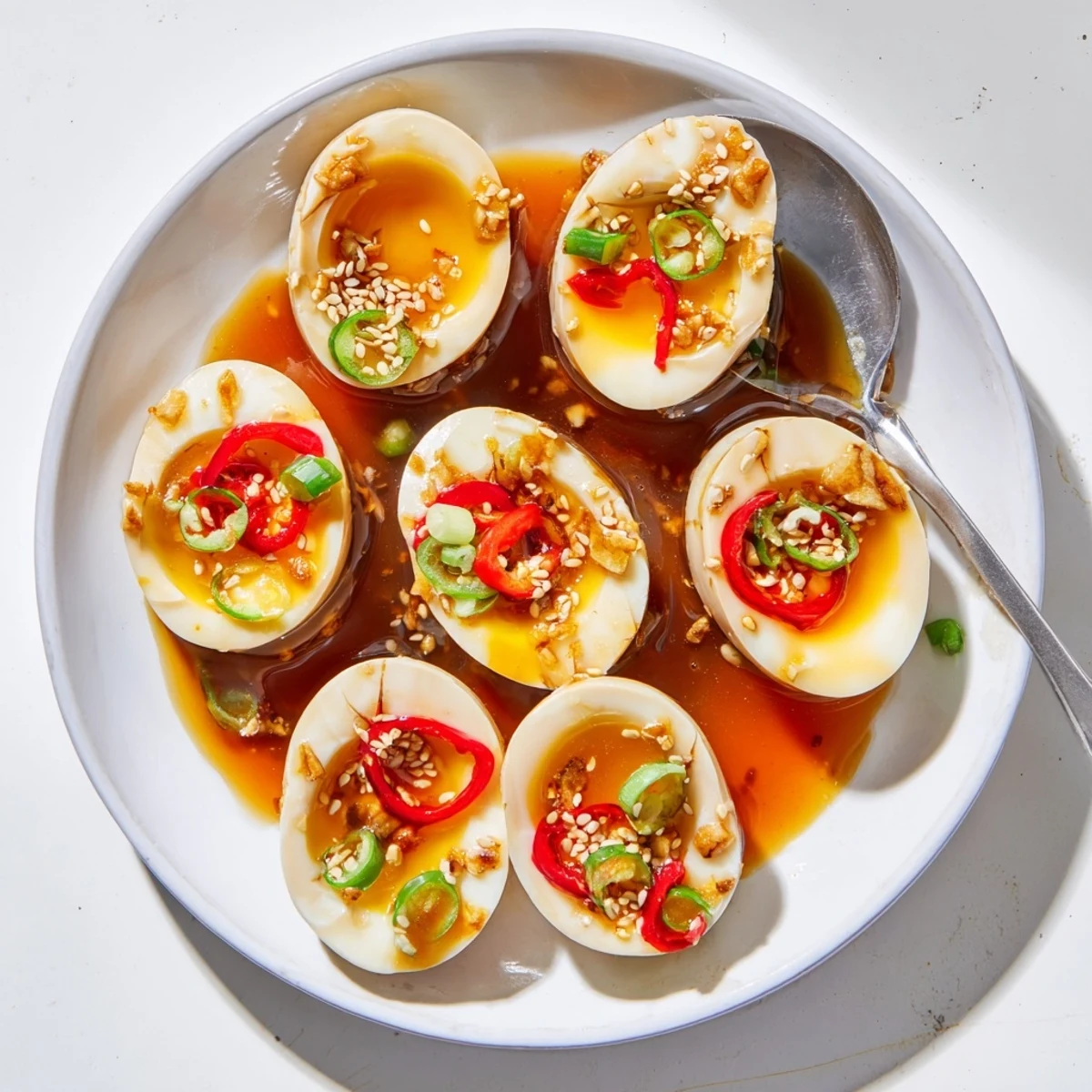 Perfect Korean Marinated Eggs served over warm steamed rice with green onions and chili garnish for a snack.
