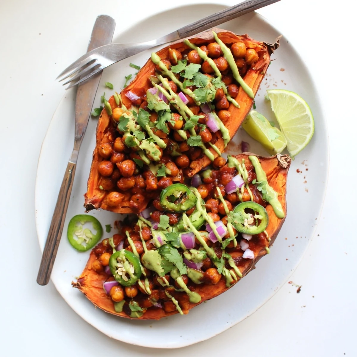 Roasted sweet potatoes stuffed with smoky BBQ chickpeas and drizzled with creamy avocado lime sauce for a hearty vegan meal.  