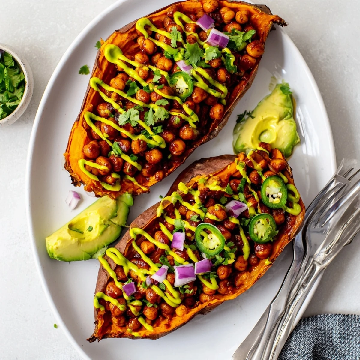 Vegan BBQ Chickpea Sweet Potatoes topped with fresh cilantro, red onion, and a jalapeño slice on a rustic plate.  
