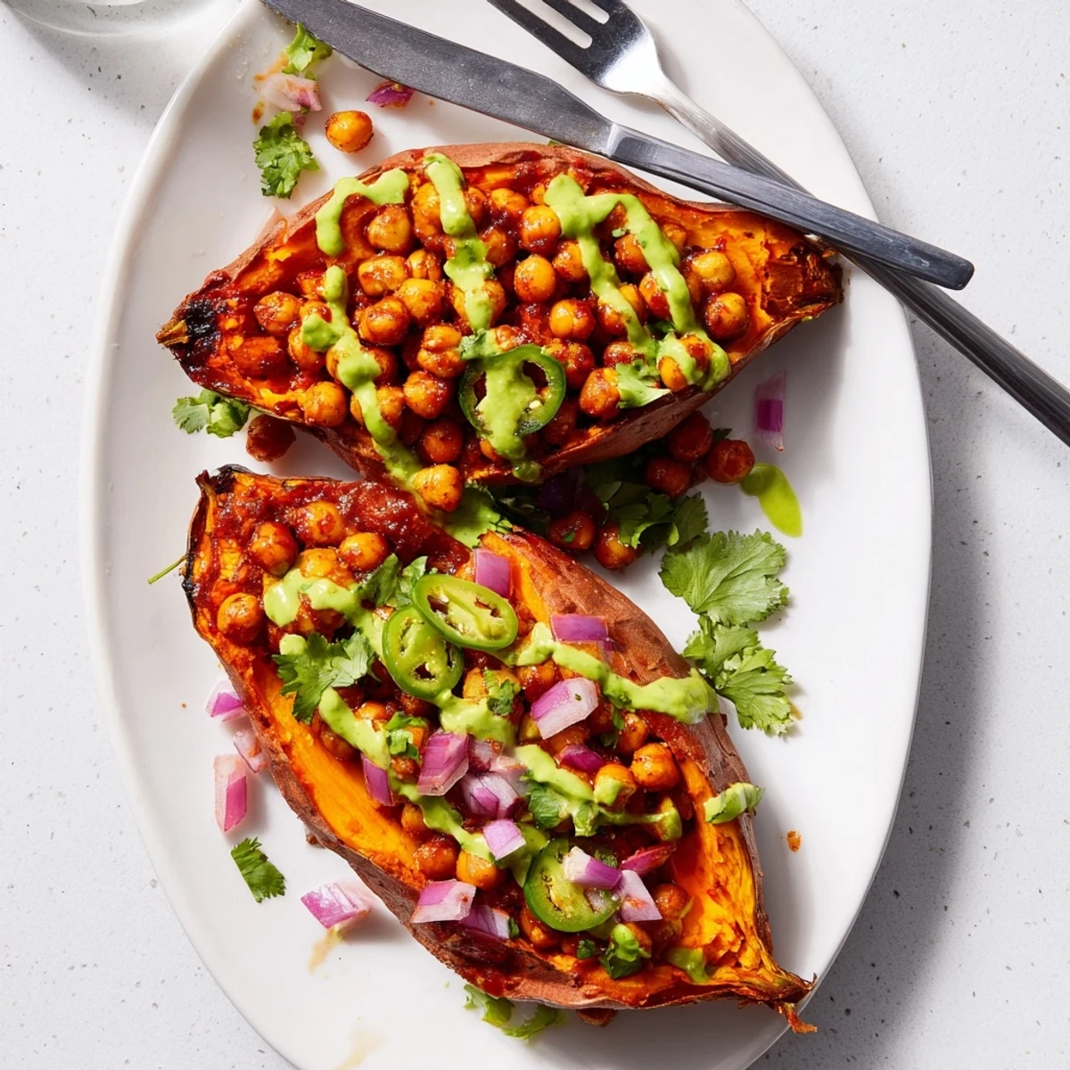 Warm, gluten-free Vegan BBQ Chickpea Sweet Potatoes served with a dollop of vegan sour cream and vibrant garnishes.