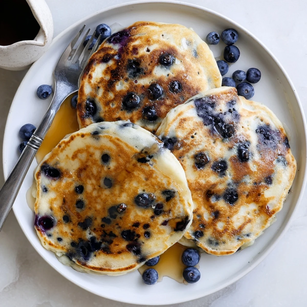Fluffy Greek Yogurt Blueberry Pancakes stacked high on a white plate with maple syrup drizzle.