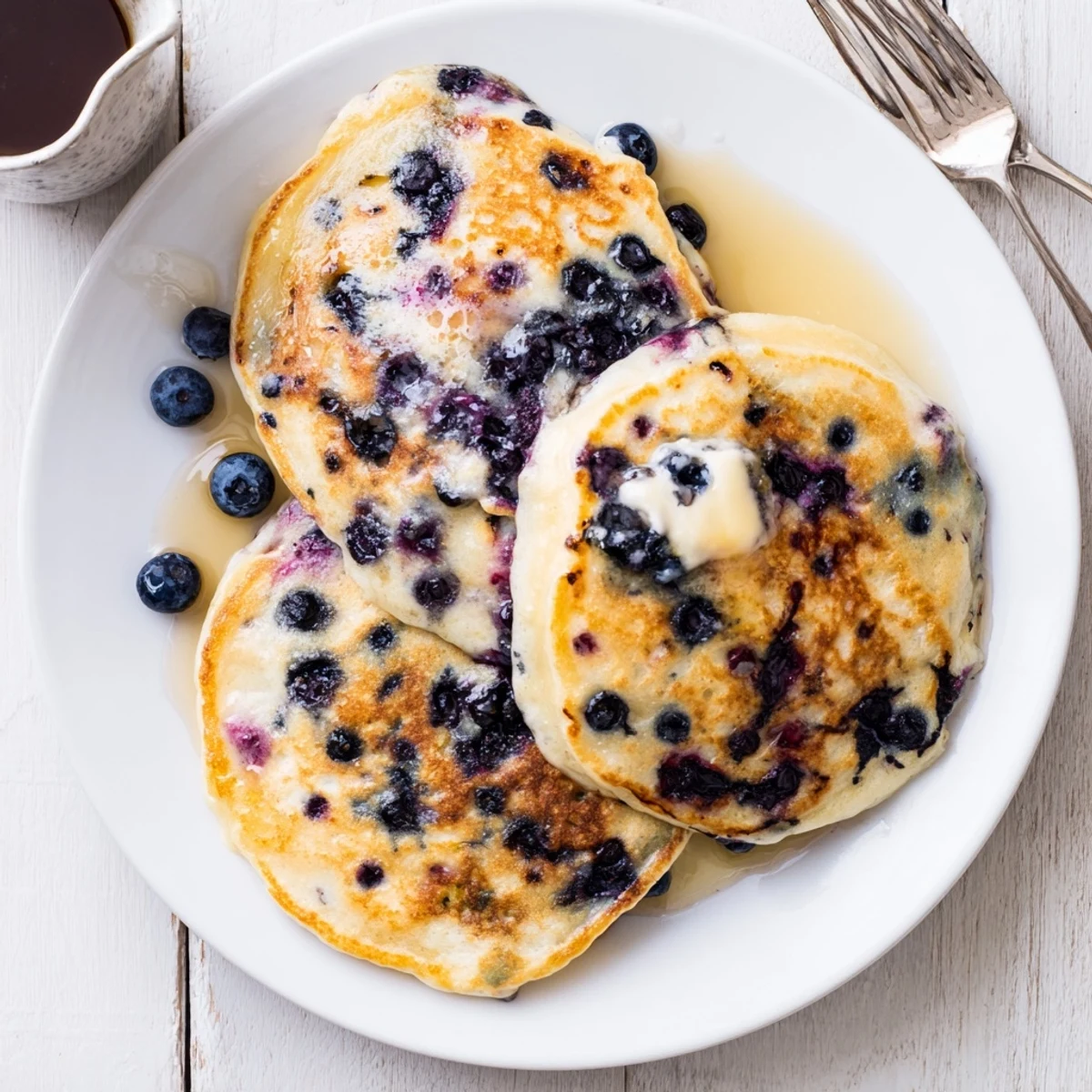 A close-up of golden brown Fluffy Greek Yogurt Blueberry Pancakes topped with fresh blueberries and whipped cream.