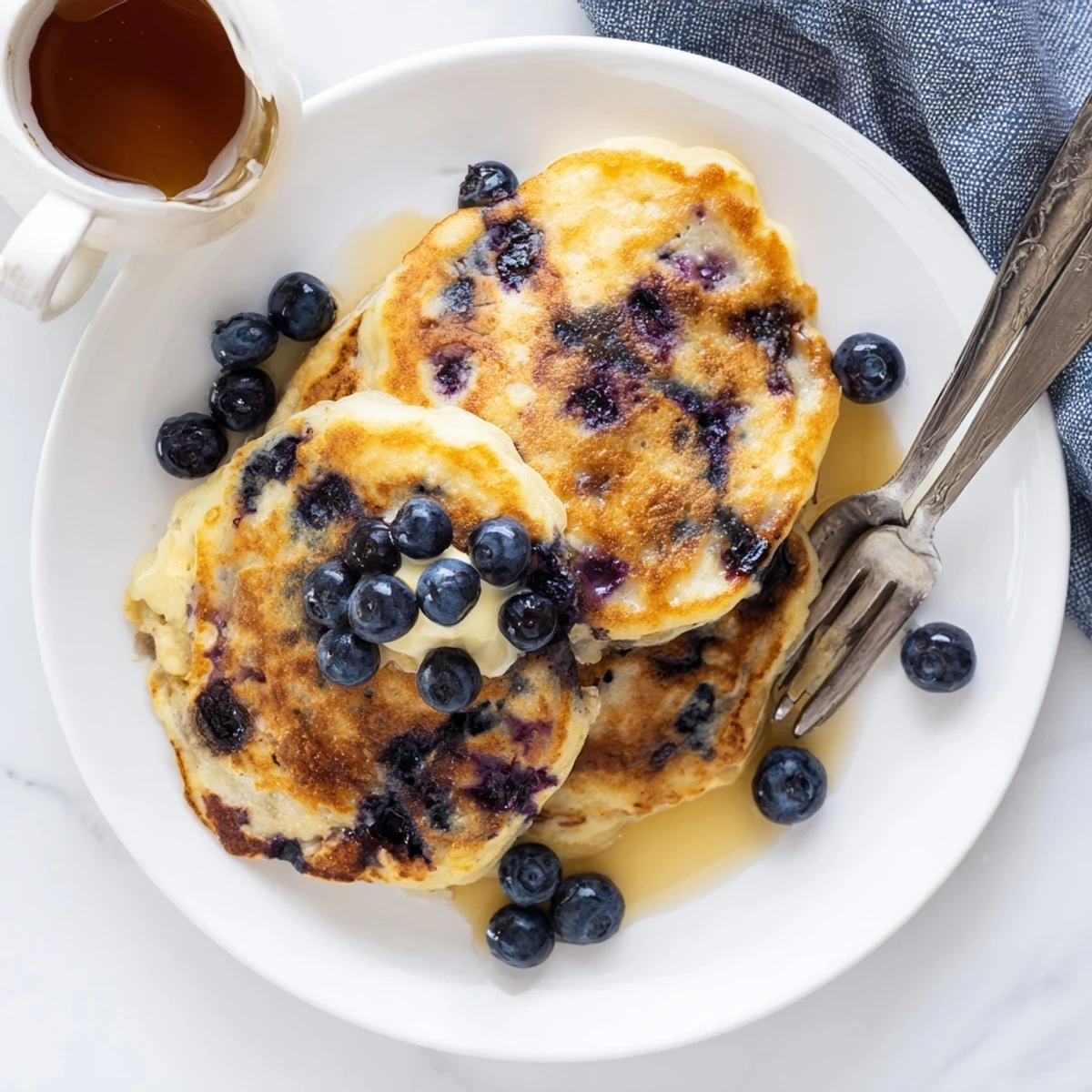 Stack of fluffy pancakes with juicy blueberries and a side of Greek yogurt for a delicious breakfast.