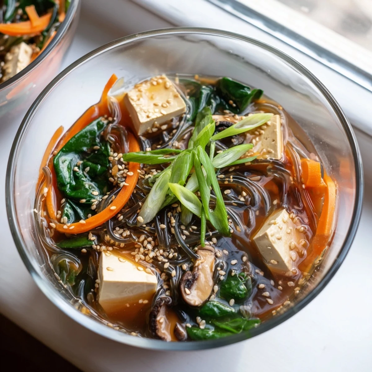Steaming bowl of Japanese Harusame Noodle Soup garnished with fresh baby spinach, sliced spring onions, and toasted sesame seeds, served alongside chopsticks on a wooden table.