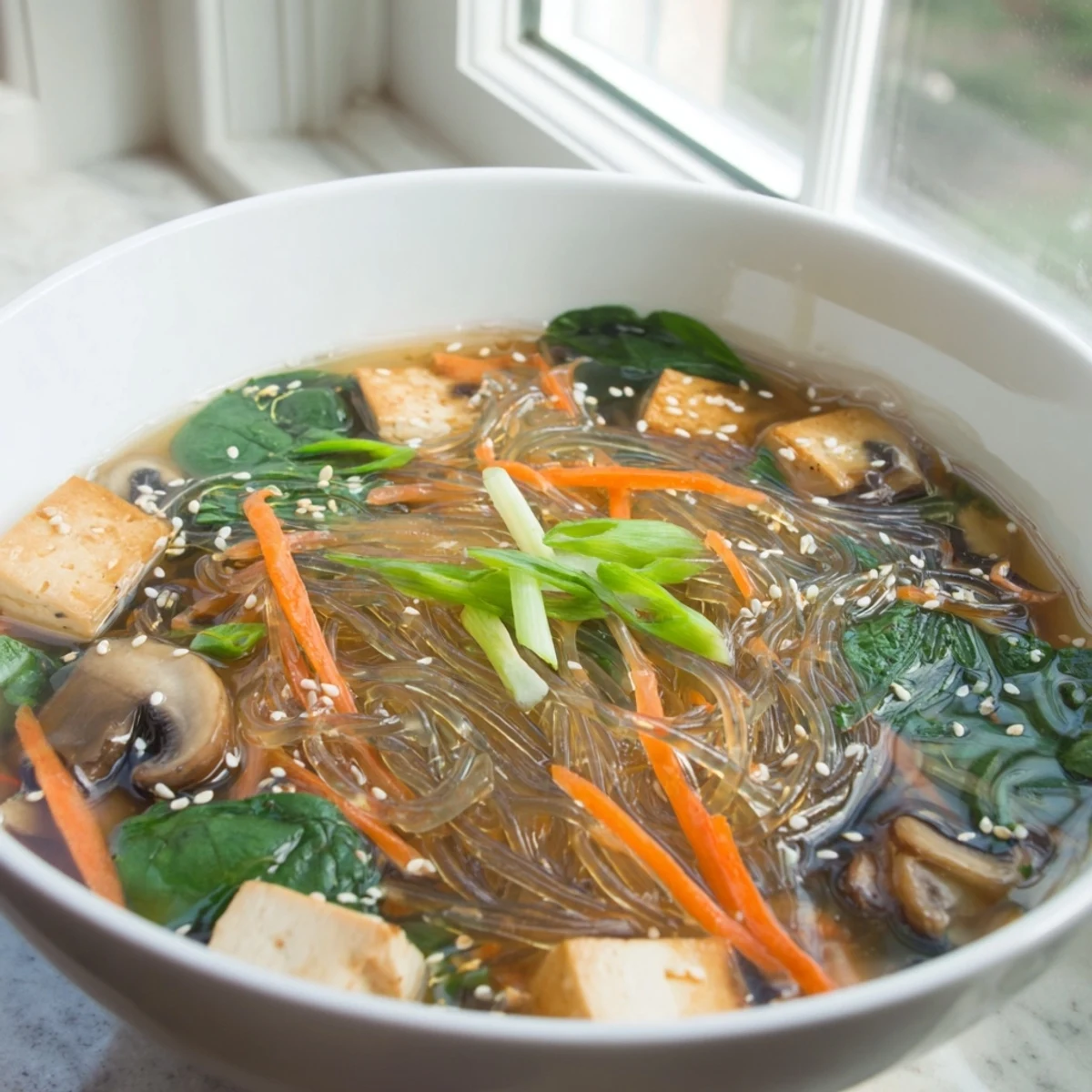 A close-up of Japanese Harusame Noodle Soup in a white ceramic bowl, featuring translucent glass noodles swimming in a light savory broth with julienned carrots and shiitake mushrooms.