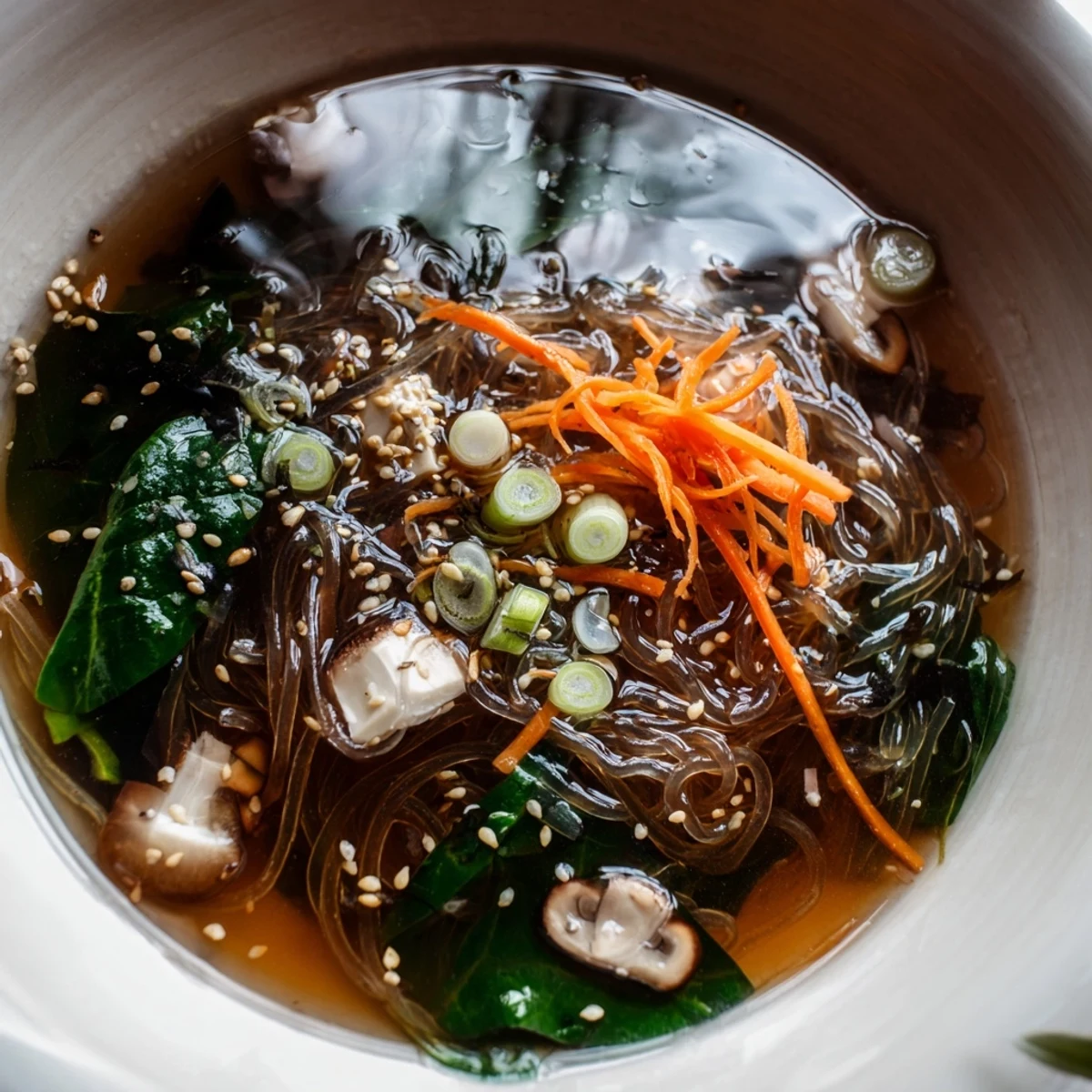 Aerial view of Japanese Harusame Noodle Soup with cubes of firm tofu, colorful vegetables, and delicate glass noodles in a clear dashi broth, ready to enjoy.