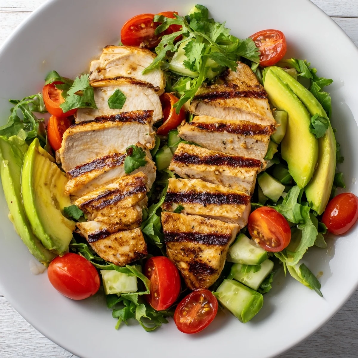 Avocado Chicken Salad in a white bowl, featuring juicy grilled chicken, ripe avocado, cherry tomatoes, and crisp greens tossed in lime vinaigrette.
