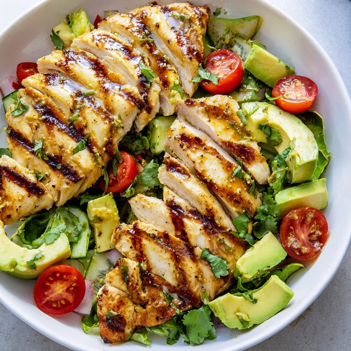 A close-up of Avocado Chicken Salad on a wooden table, showcasing tender diced avocado and red onion alongside fresh cilantro and mixed greens.