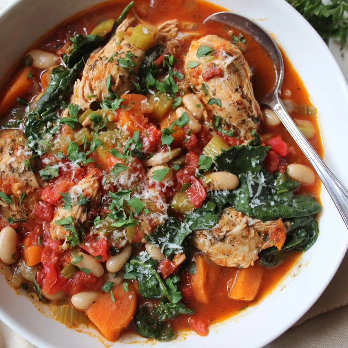 Slow cooker Tuscan Chicken Stew in a rustic bowl with beans and spinach, topped with fresh parsley and parmesan.