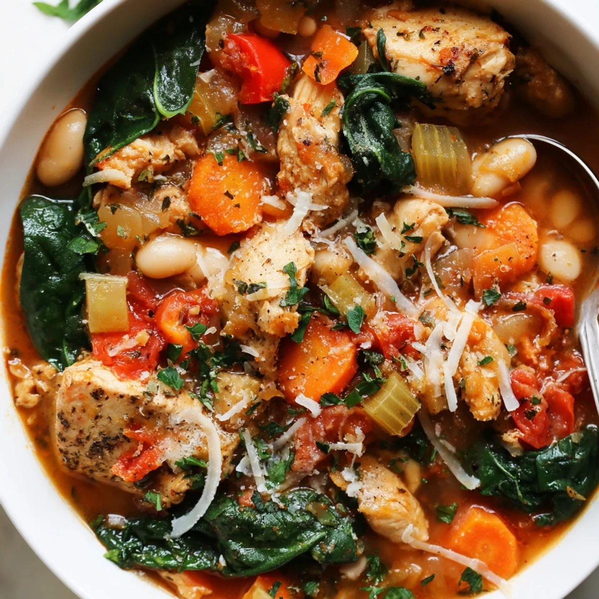 Tender chicken thighs and vegetables in rich Tuscan stew, served over creamy polenta in a cozy kitchen setting.