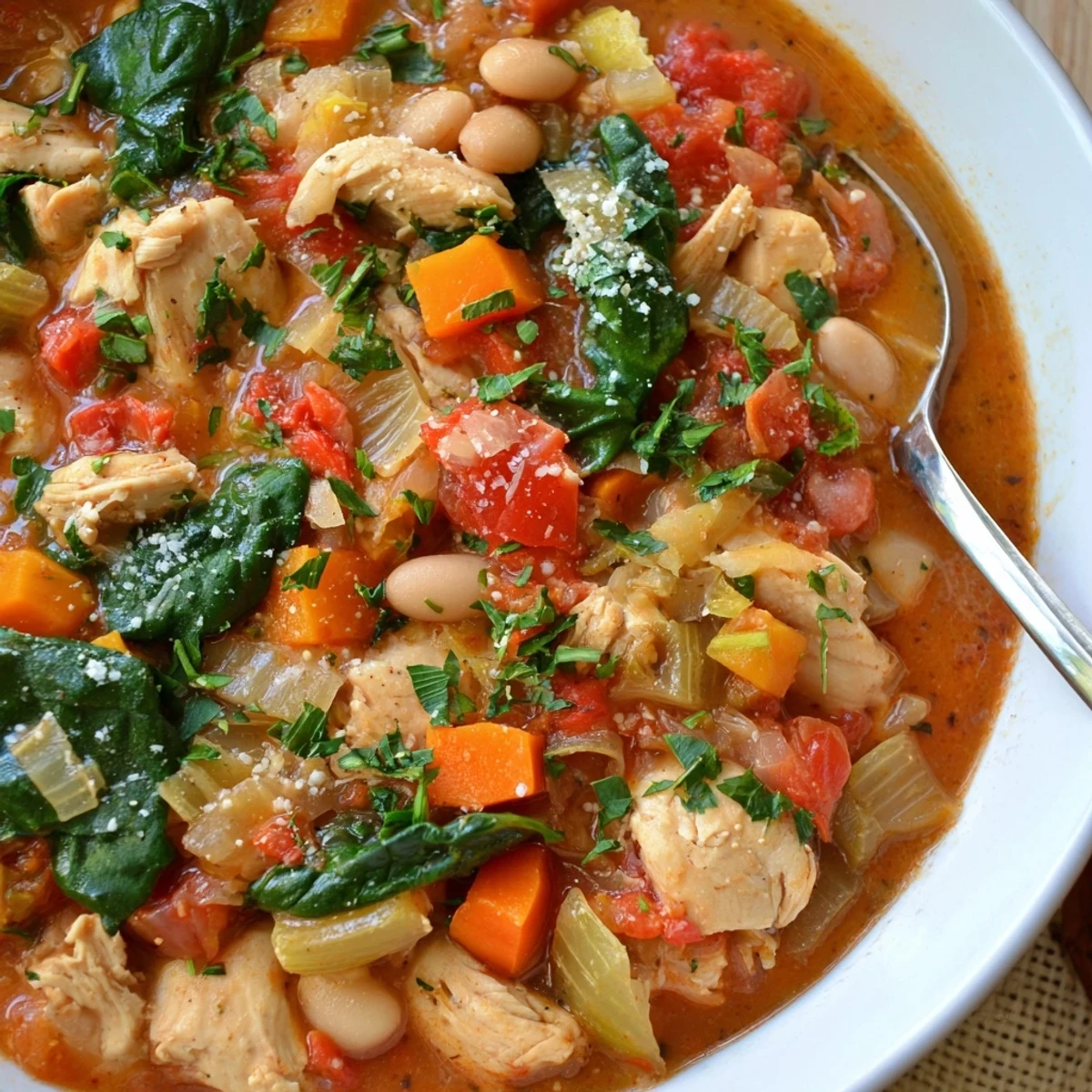 Hearty Tuscan Slow Cooker Chicken Stew with carrots, tomatoes, and cannellini beans beside crusty bread for dipping.