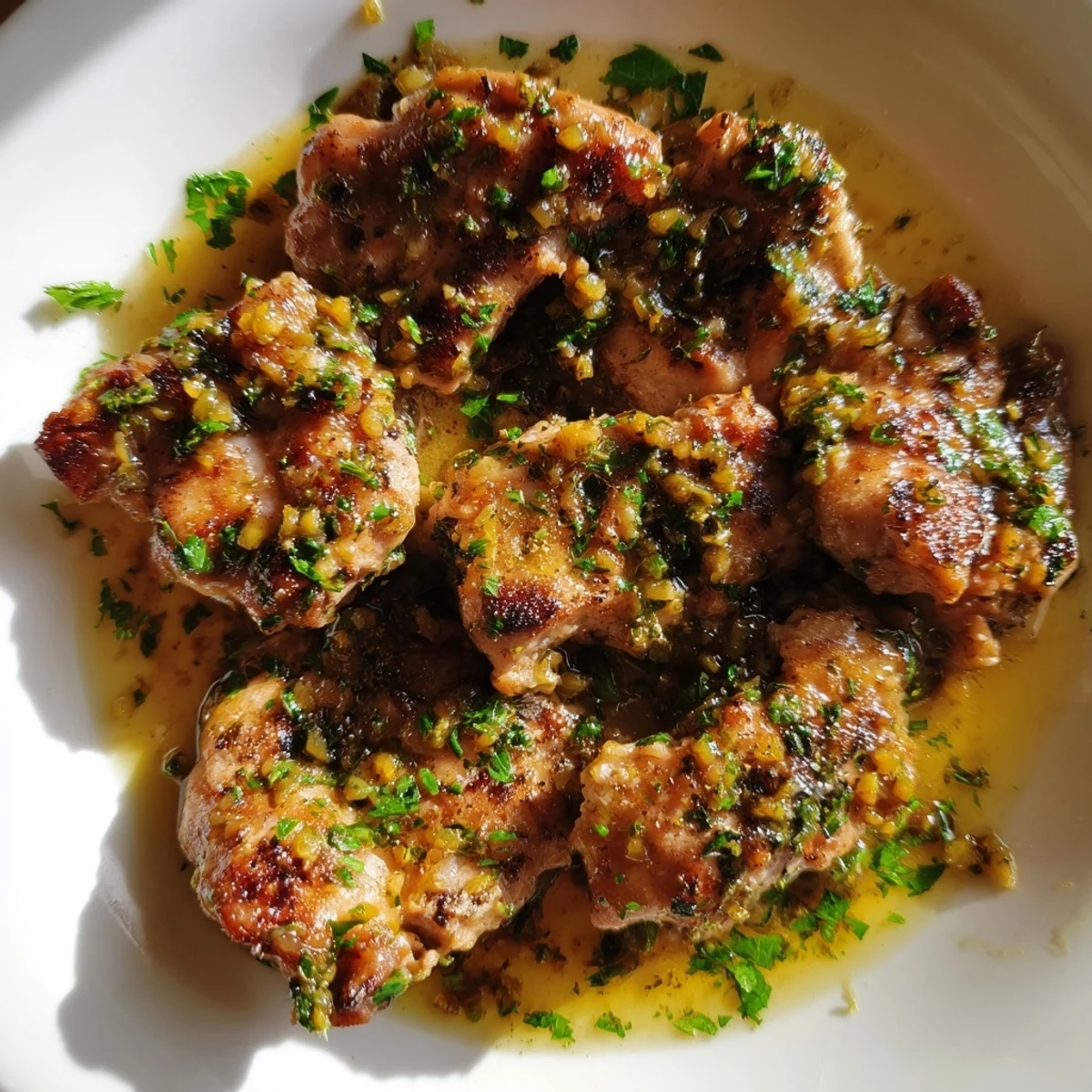 Juicy Garlic Butter Chicken served with lemon wedges and fresh herbs, perfect over steamed vegetables for a weeknight dinner.