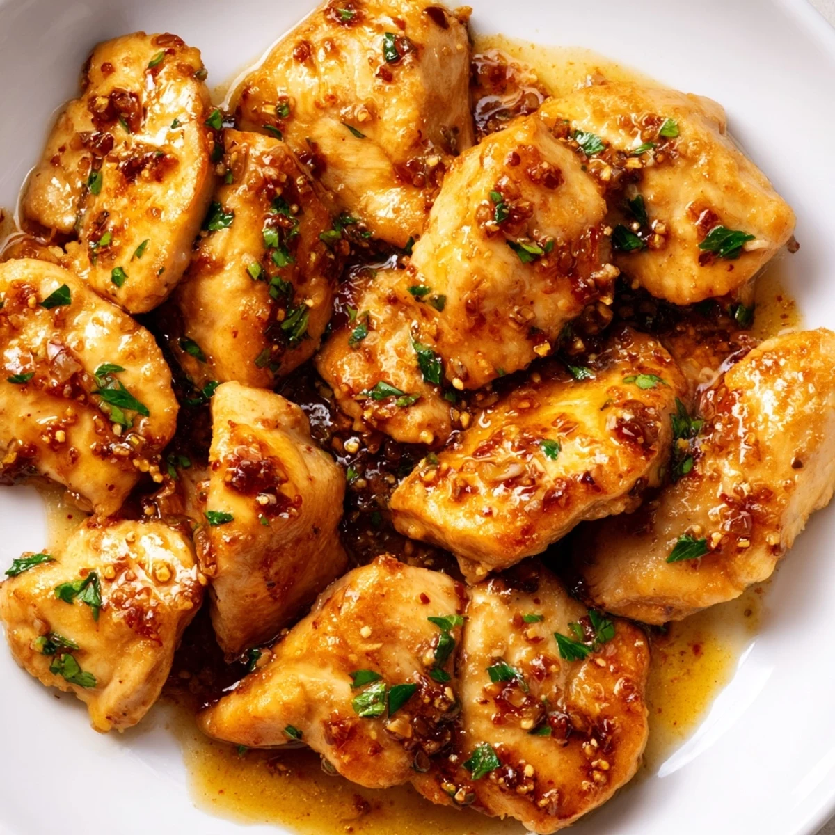 Tender Garlic Butter Chicken breasts coated in glossy garlic butter sauce, garnished with parsley and ready to serve.