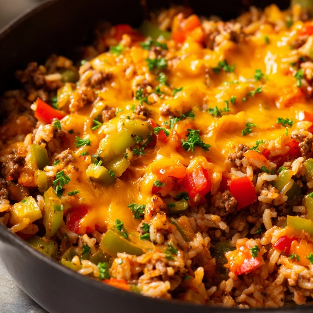 Hot Unstuffed Pepper Skillet topped with melted cheddar and fresh parsley in a rustic pan.