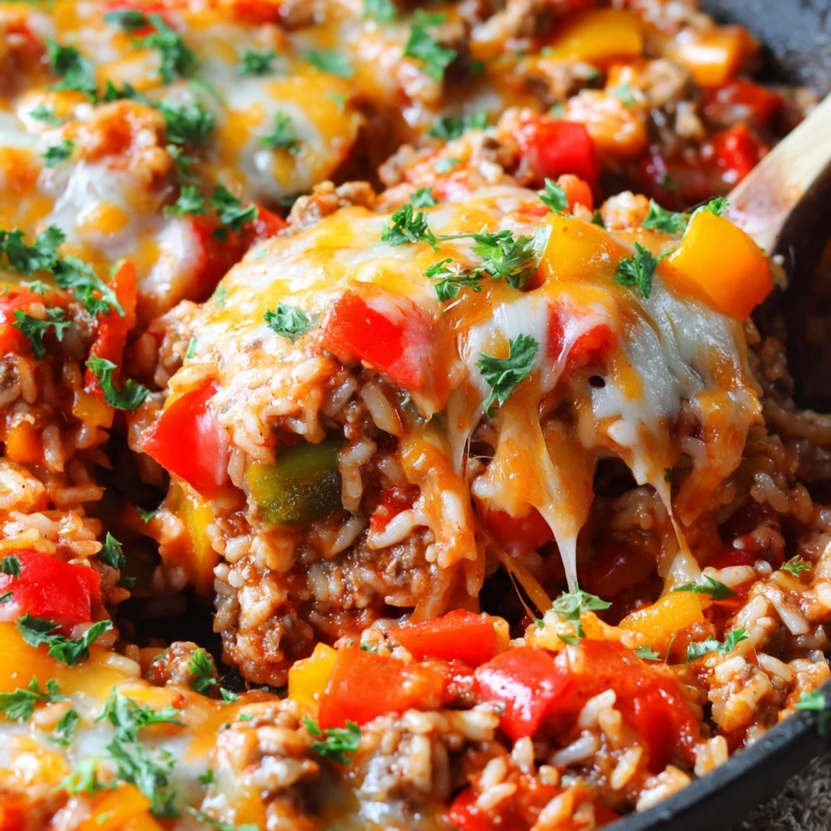 Savory Unstuffed Pepper Skillet with juicy ground beef, peppers, and rice simmered in rich tomato sauce.