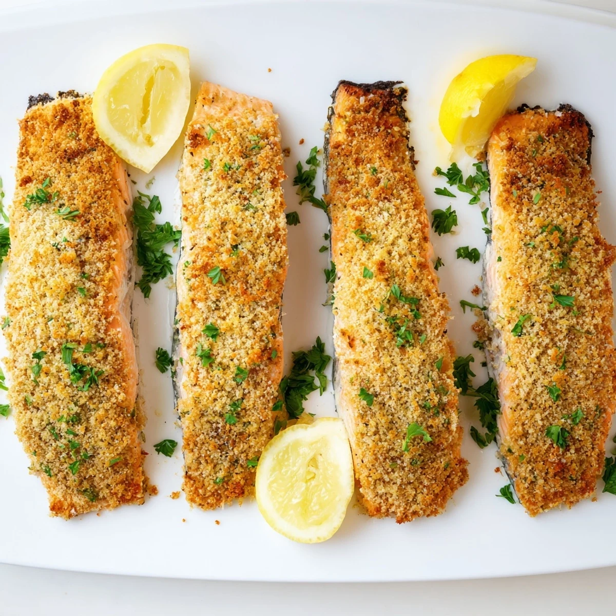 The irresistible Crispy Parmesan Salmon Bake features golden, crunchy crust on tender fish, served with lemon wedges for a bright, savory main dish.